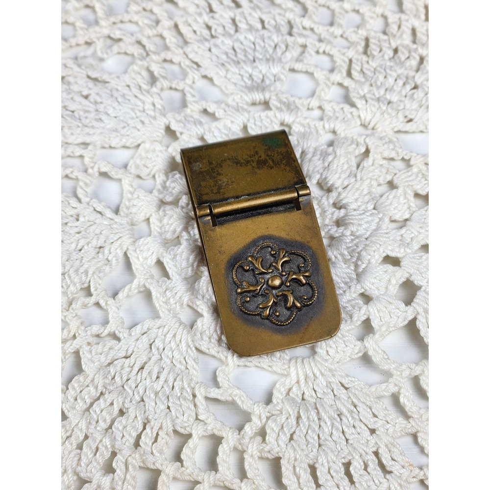 Vintage Antique Brass Money Clip Hinged Floral Filigree Embossed Patina